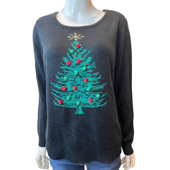 Croft & Barrow Womens Christmas Tree Sweater Round Neck Long Sleeve Black Size M - Picture 1 of 9